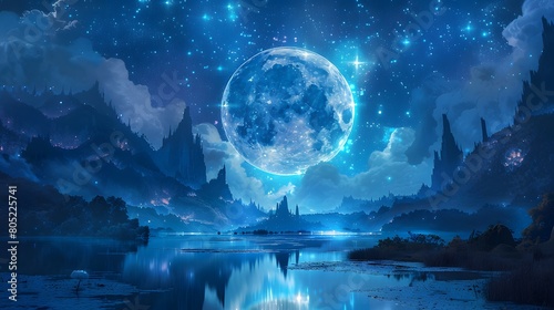 Stunning digital artwork showcasing a breathtakingly large full moon illuminating a serene lake  surrounded by mystical mountains and a star-filled sky  Digital art style  illustration painting.