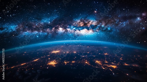 This breathtaking image captures the beauty of the Milky Way sprawling across the night sky above a glowing Earth, showcasing our galaxy's magnificence