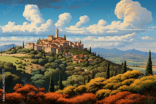 Rustic Retro italian landscape view. House european. Generate Ai
