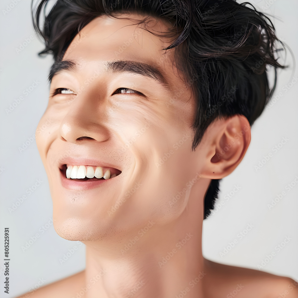 Obraz premium Portrait of a handsome Korean man with clean and fresh skin. beauty, spa, aesthetic salon, skin care,