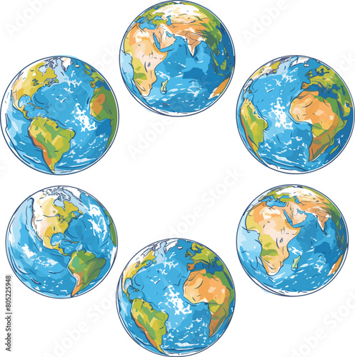 Six colorful globes representing Earth various angles, globe illustrates different continents oceans. Cartoon style globes continents Africa, Asia, Europe, Americas