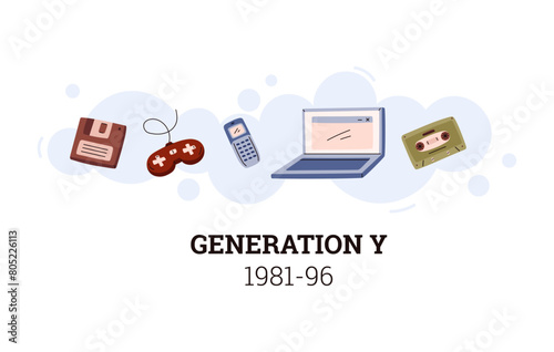 People Generation Y 1981-96 or Millennials social development information vector poster, laptop, cellphone, joystick icons