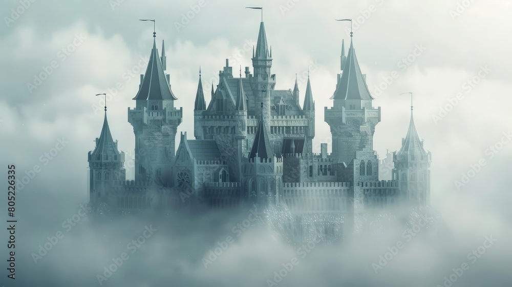 A medieval castle emerges from a fog, its turrets and flags designed in detailed paper cutouts, paper art style concept