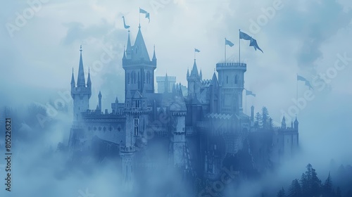 A medieval castle emerges from a fog  its turrets and flags designed in detailed paper cutouts  paper art style concept