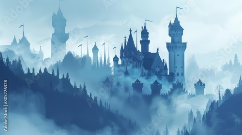 A medieval castle emerges from a fog, its turrets and flags designed in detailed paper cutouts, paper art style concept photo