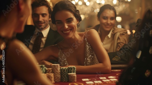 An elated woman with a radiant smile at a casino poker table surrounded by friends and chips