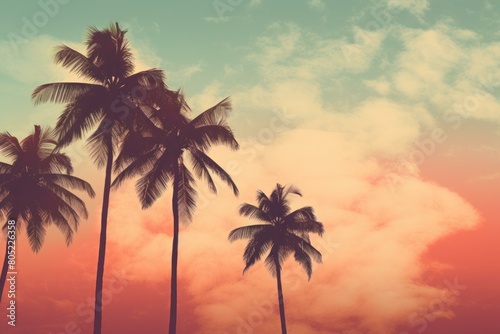 Breathtaking Retro palm beach sky. Sunrise island. Generate Ai
