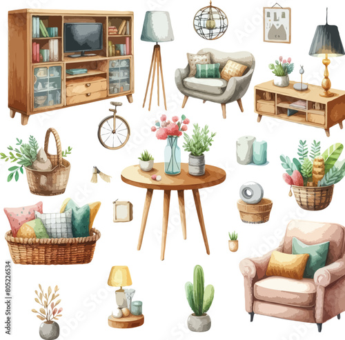 set of watercolor furniture set for home decoration