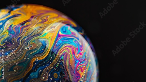 Detailed close-up of a soap bubble showing intricate patterns and vivid colors on the surface