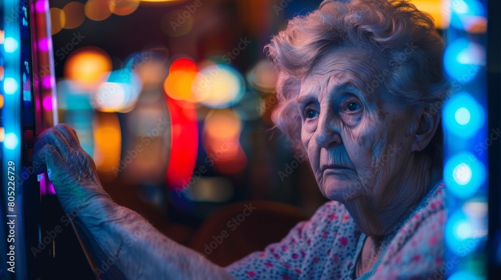 Elderly lady engrossed in playing slot machines, amidst the colorful lights of a casino
