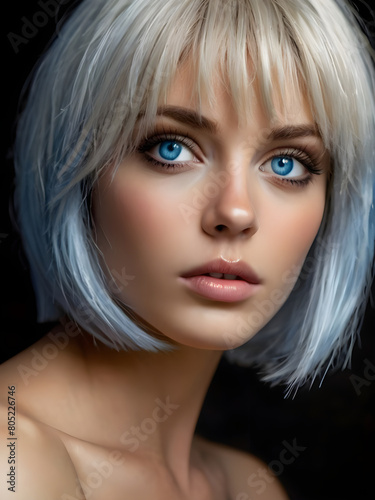 Portrait of a woman with bob silver hair and blue eyes
