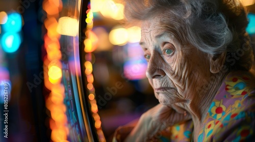 An elderly person appears deeply focused on the slot machine game, with illuminated, colorful casino lights surrounding them © ChaoticMind