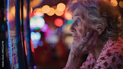 A senior woman is deeply immersed in the thrilling activity of a slot machine game within a casino's dynamic atmosphere