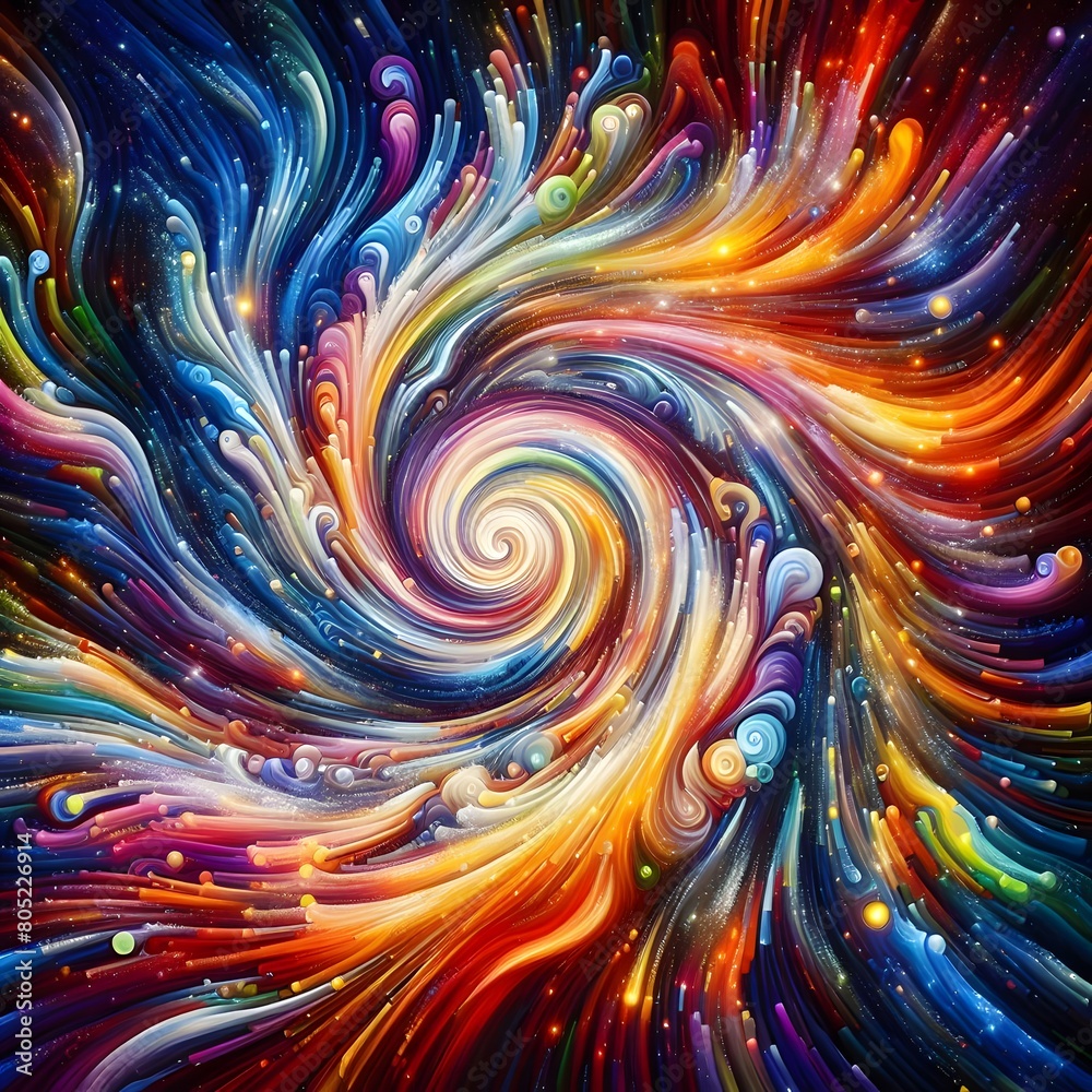 Radiant Whirl showcasing abstract colorful shapes pulsating and shimmering in a cosmic display Radiant Whirl showcasing abstract colorful shapes pulsating and shimmering in a cosmic display