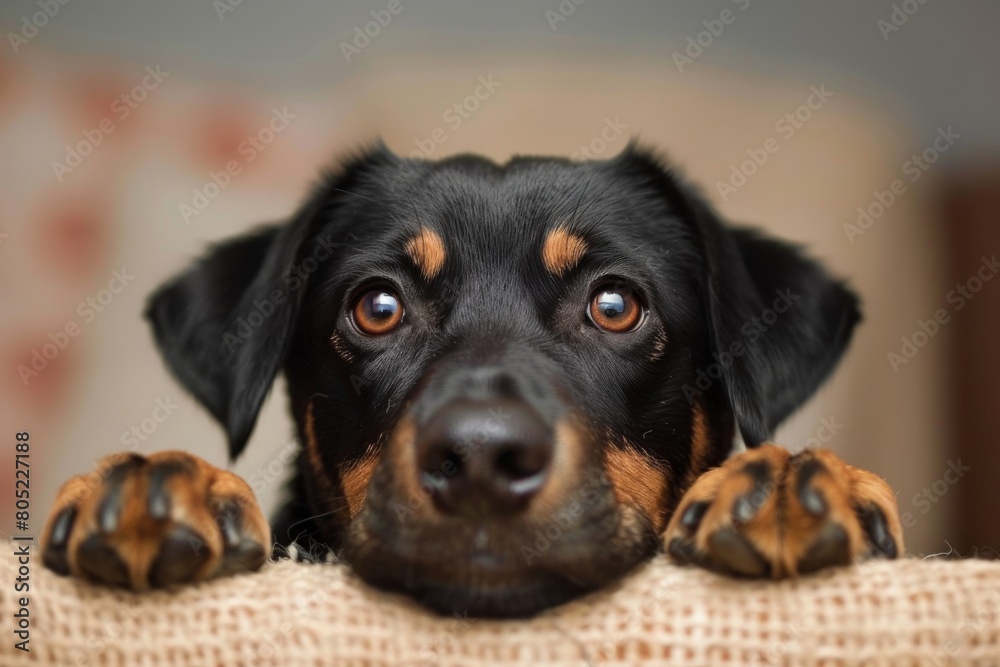 Although the face is blurred, this image focuses on the paws of a resting dog perched at the edge of a sofa