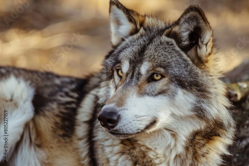 Captivating close-up of a wild wolf with striking amber eyes and rich, detailed fur in a natural environment