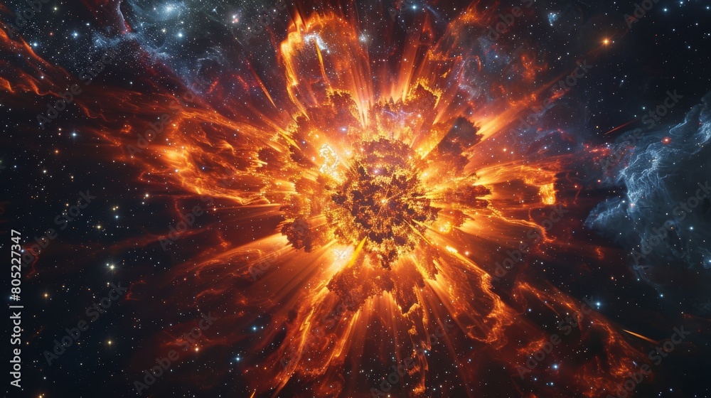 A digital render of a massive star explosion known as a supernova, depicted with vibrant hues and energetic burst Represents the cosmic force and life cycle of stars A digital render of a massive star explosion known as a supernova, depicted with vibrant hues and energetic burst Represents the cosmic force and life cycle of stars