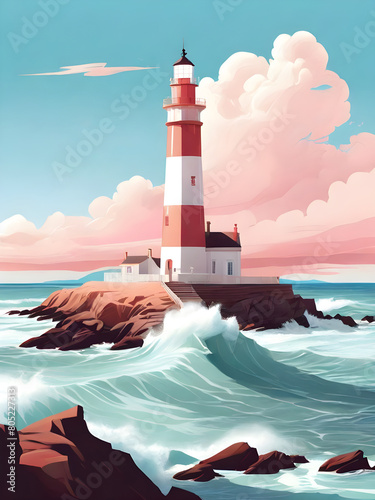 Flat illustration style and poster style image of light house, pastel colors, clear sky. High waves surrounding the lighthouse