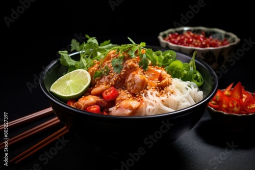 Satisfying Rice noodles bowl. Asian spicy table. Generate Ai