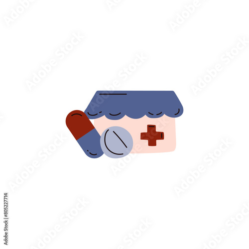 Vector illustration with round pill, capsule and Red Cross.