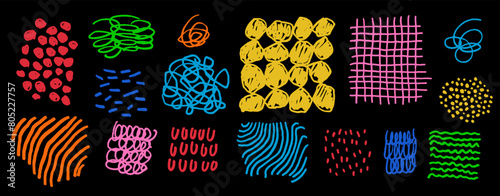 Naive playful line texture vector set. Bright colorful hand-drawn doodle patterns. Marker scribbles, circles, lines and hatches. Rough childish wood textures, isolated strokes, stripes, crosshatches photo