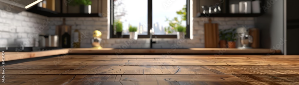An empty wide table set against a blur bokeh modern kitchen interior invites a warm, homely feeling, Sharpen 3d rendering background An empty wide table set against a blur bokeh modern kitchen interior invites a warm, homely feeling, Sharpen 3d rendering background