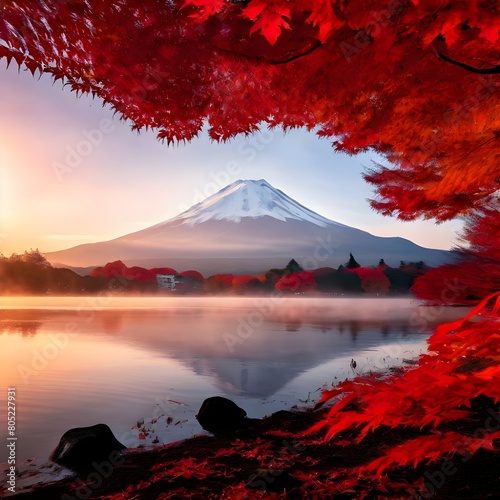 colorful autumn season and mountain fuji with morning fog and red leaves at lake kawaguchiko is one  © Hassan