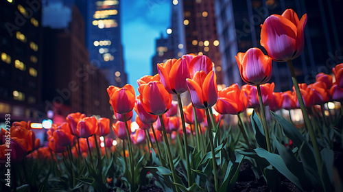 Amidst the urban sprawl, a patch of neon tulips bloomed defiantly, their vibrant colors a beacon of hope in the concrete jungle.vibrant #805227953