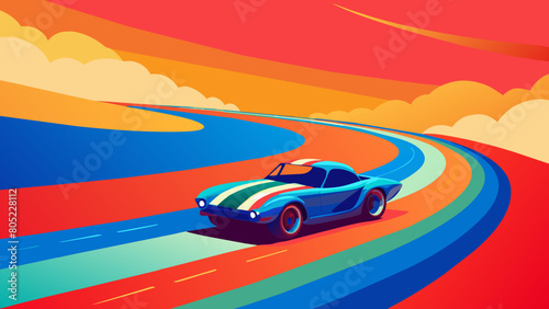 A vibrant and eye-catching vintage-inspired design featuring a racing car drifting around an American flag. The car is adorned with patriotic colors and leaves a trail of smoke as it navigates 