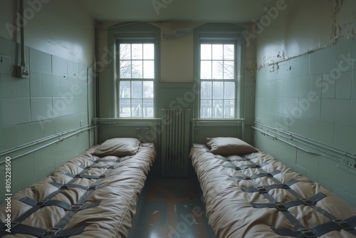 Two empty beds with restraining straps evoke a chilling atmosphere in an abandoned asylum's decaying room photo