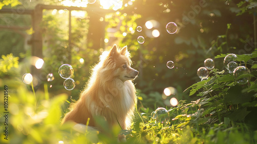 A fluffy dog's playful antics in a sunlit backyard, chasing bubbles amidst lush greenery. photo