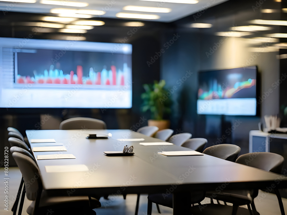 Blurred office background. Modern Empty Meeting Room with Big Conference Table with Various Documents and Laptop on it. Wall TV Showing Company Statistics, Graphs. Late Evening or Night