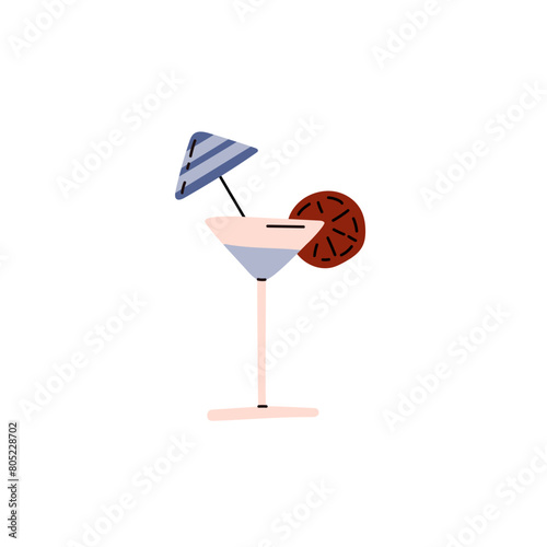 Cocktail glass with umbrella and fruit slice, Margarita beverage, martini drink, bar alcohol cocktail vector flat icon