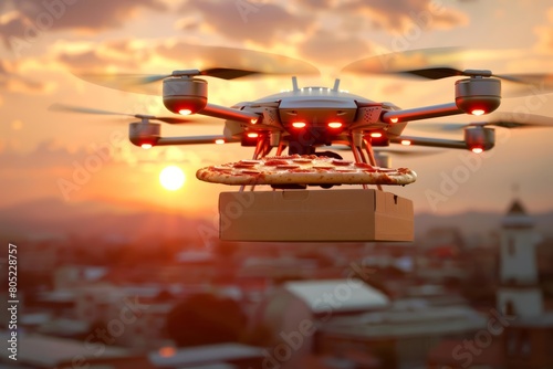 Drones deliver tailormade pizzas, designed via an app, baking as they fly to ensure peak freshness, Sharpen close up strange style hitech ultrafashionable concept photo