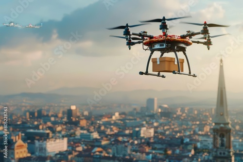 Drones deliver tailormade pizzas, designed via an app, baking as they fly to ensure peak freshness, Sharpen close up strange style hitech ultrafashionable concept photo