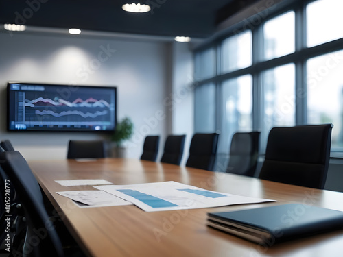 Blurred office background. Modern Empty Meeting Room with Big Conference Table with Various Documents and Laptop on it. Wall TV Showing Company Statistics, Graphs. Late Evening or Night