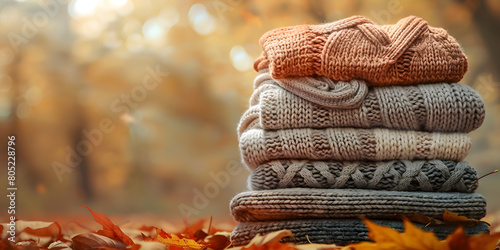 Cozy Autumn Knitted Sweaters Piled High Vibrant Fall Background photo