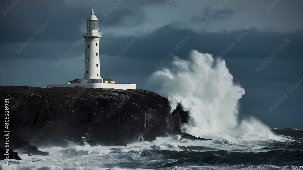 Storm waves over the Lighthouse in a cloudy day