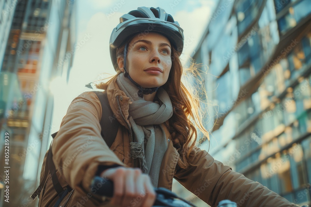 A young woman wearing a helmet bikes through the city wit modern architecture and clear skies A young woman wearing a helmet bikes through the city wit modern architecture and clear skies