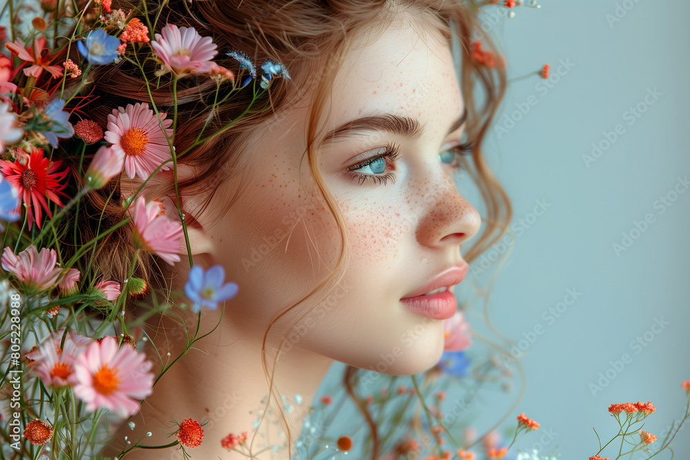 A woman with a flowery headdress is wearing a blue shirt A woman with a flowery headdress is wearing a blue shirt