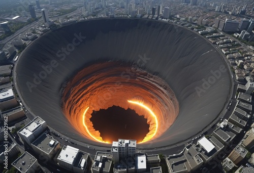 a massively deep and large crater hole swallowing a entire city photo
