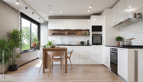 Interior of luxury comfortable kitchen room, Modern furniture with utensils, shelves with crockery and plants, refrigerator and table in simple minimal dining room