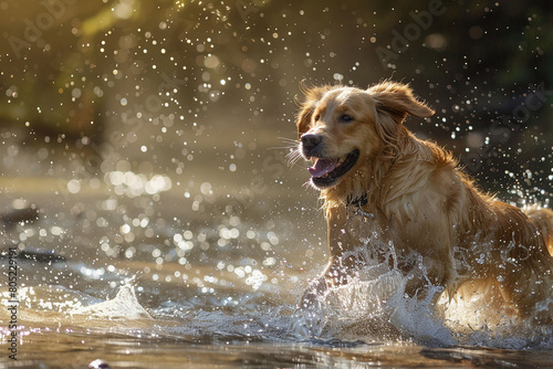 A happy dog splashing in a shallow stream  water droplets sparkling in the sunlight.
