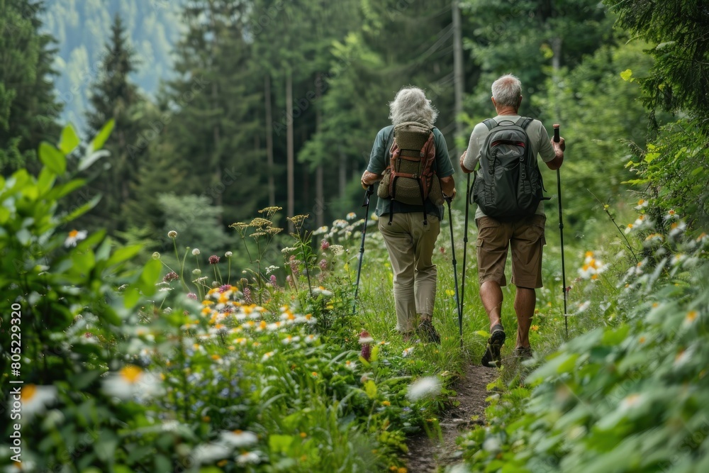 Two older people are walking through a forest, one of them carrying a backpack