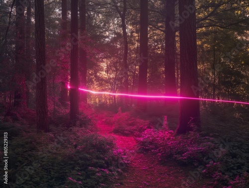 Ethereal scene of a forest with a vibrant pink light beam  adding a touch of mysticism to the natural landscape.