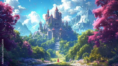 A whimsical fairy tale castle situated in a charming forest setting, brought to life in a colorful and vibrant cartoon anime style. photo
