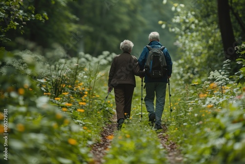 A couple of older people are walking down a path in a forest
