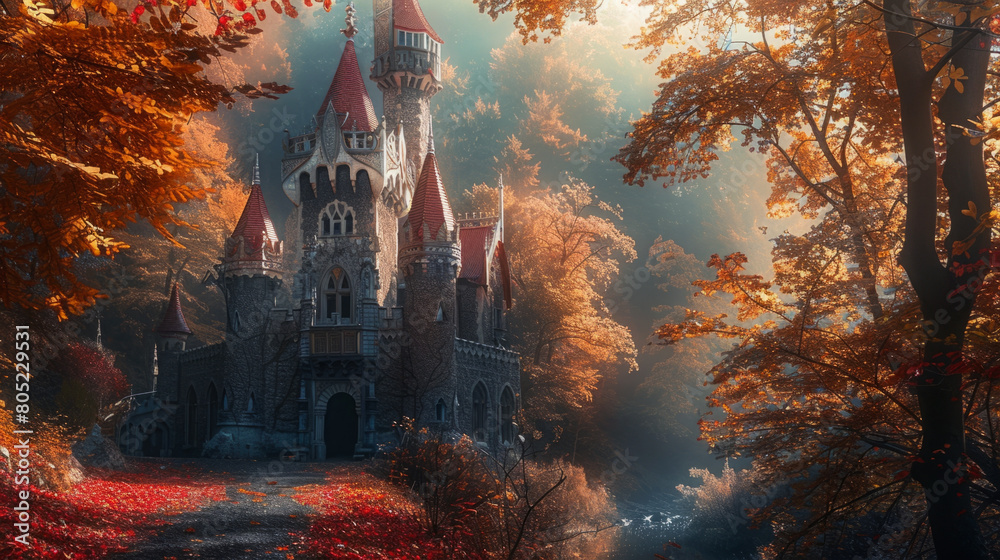 A colorful fairytale castle nestled in a forest, embodying whimsy and enchantment with its unique design and vibrant hues.