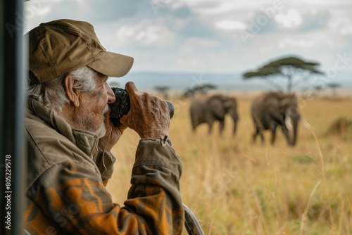 A man is taking a picture of elephants in the wild © Woraphon