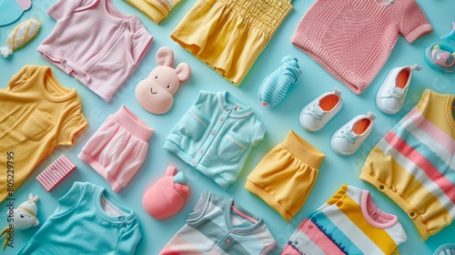 Vibrant and adorable baby clothes showcased in a visually pleasing flat lay setup on a delicate pastel blanket.